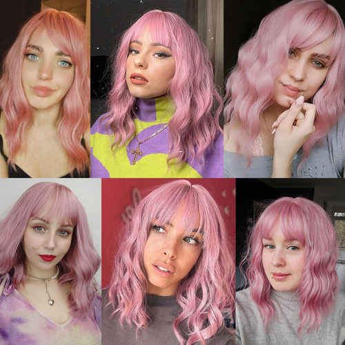 Amazon cos European and American hot selling full bangs cute cherry pink short curly Bob head natural women's chemical fiber wig