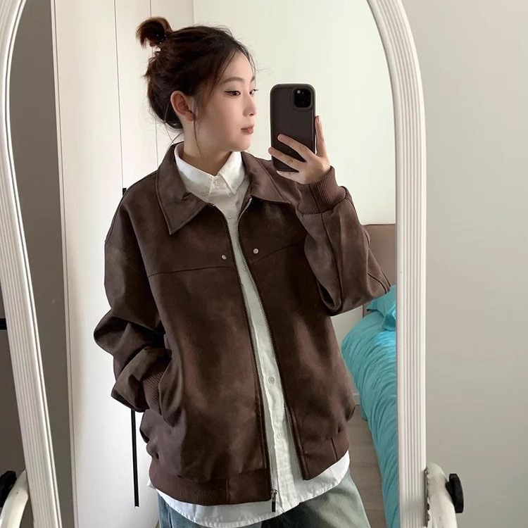 美式复古棕色翻领皮衣外套女2025秋季新款美拉德高级感皮夹克上衣|undefined