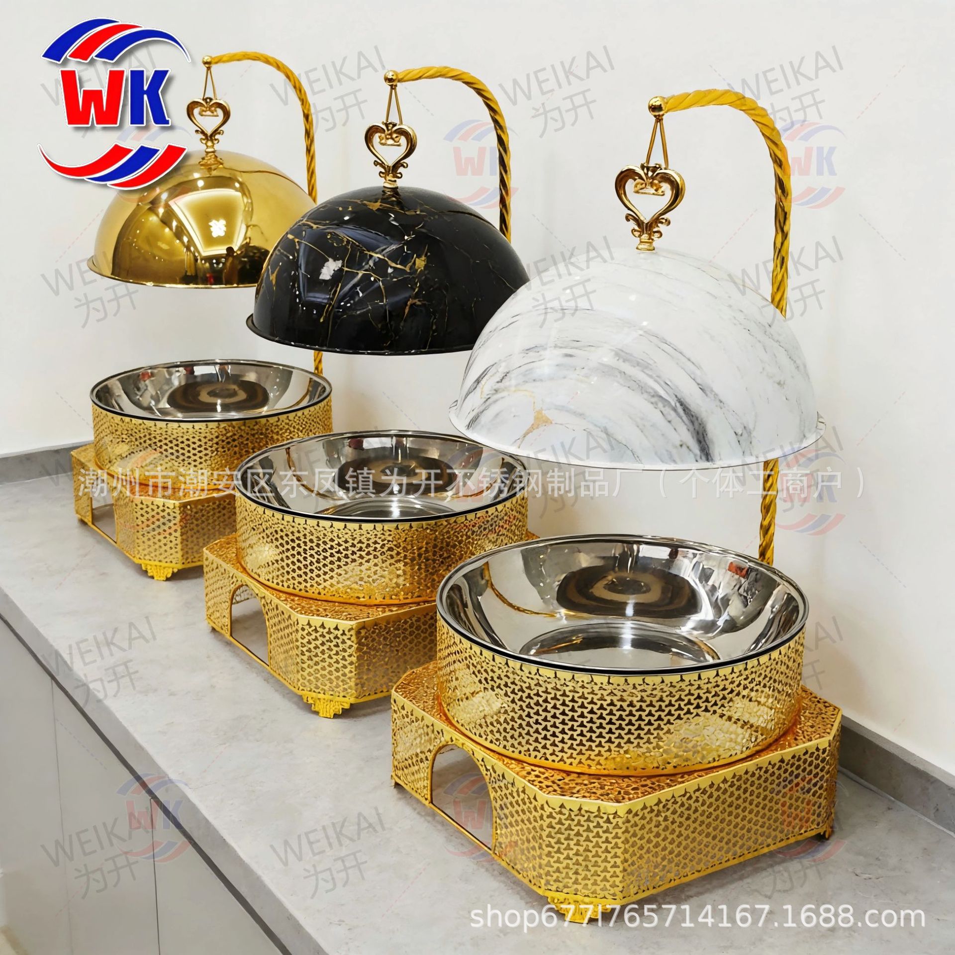 Fuente transfronteriza buffet dorado horno de lujo Hotel circular banquete de bodas horno de alcohol 8l horno de Buffy de acero inoxidable térmico