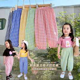 2024夏季新款格子裤女童防蚊裤清凉沙滩裤韩系复古束脚裤中小童潮