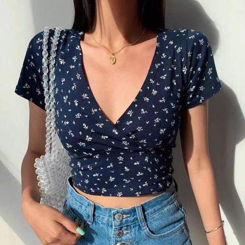 2025 New Style Floral Short Top with V-Neck Sleeveless Slimming T-Shirt for Women 