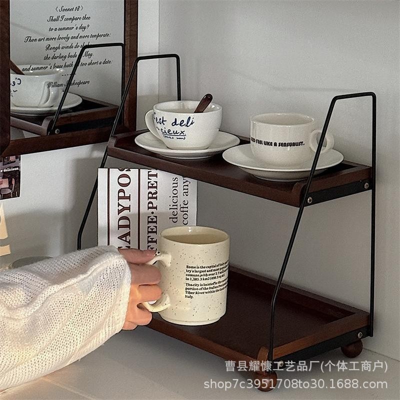 现货木质置物架多功能双层杯架厨房调料罐收纳架铁木结合置物架|undefined