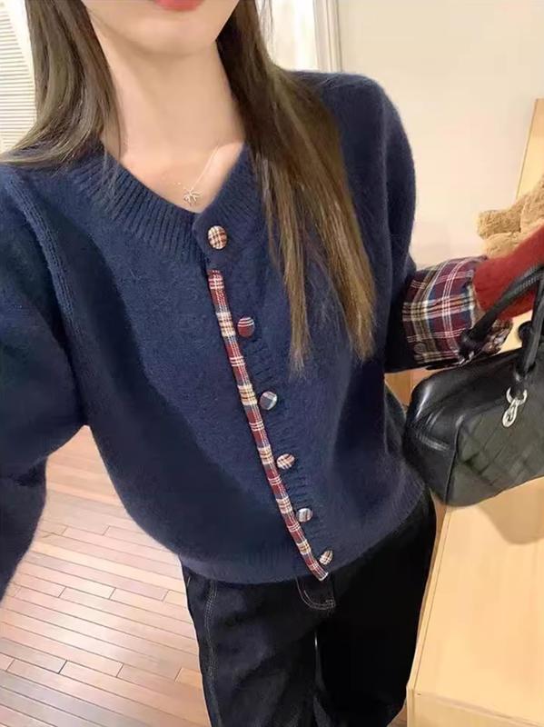 假两件格子拼接针织开衫女秋冬季软糯毛衣外套内穿搭灰色正肩上衣|undefined