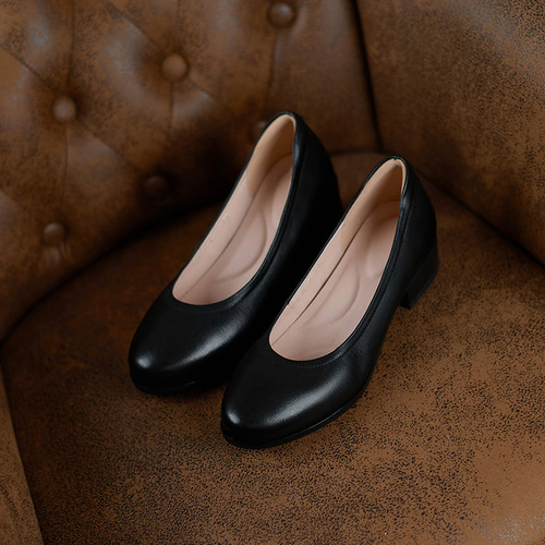 Women's Black Round-Toe Thick-Heeled Flat Shoes for Air Hostess, Bank, Hotel Interview, Professional Dress Shoes with Rough Sole and Thick Sole