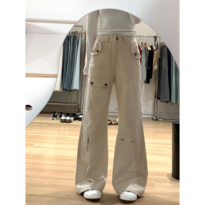 美式多口袋工装牛仔裤女夏季2025新款酷飒风高腰直筒微喇叭阔腿裤|undefined