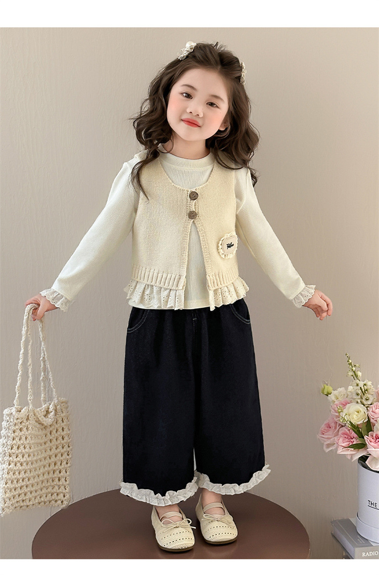 Dreiteiliges Strickwesten-Set für Mädchen, Herbst 2025, neue koreanische Kindermode, Strickweste und weite Hose_voghion.com