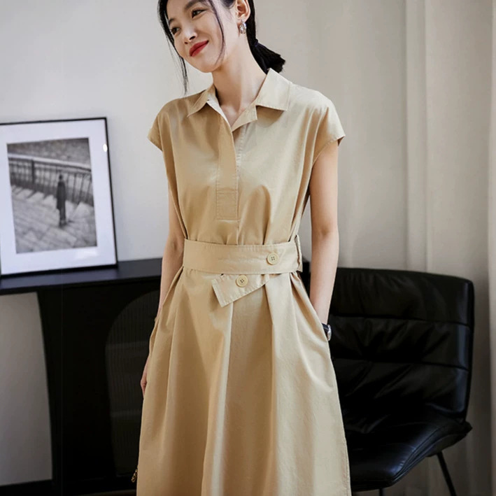 Đầm suông midi cổ polo tay ngắn phong cách Pháp — đen chi tiết 1