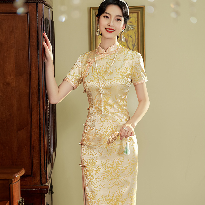 老上海國風中式長款改良旗袍2025新款女復古收腰短袖傳統宴會禮服