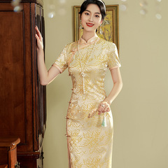 老上海國風中式長款改良旗袍2025新款女復古收腰短袖傳統宴會禮服