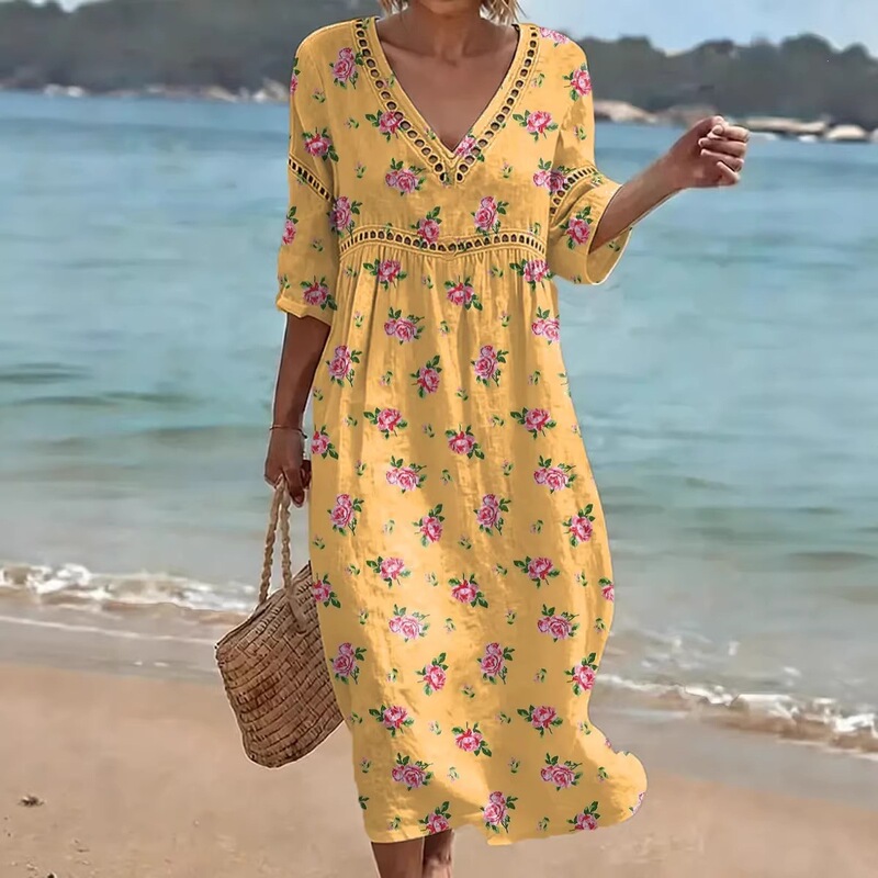 Shengmiao Amazon Cross-Border Spring and Summer New Elegant Casual Fashion V-Neck Digital Print Plus-Size Dress for Women