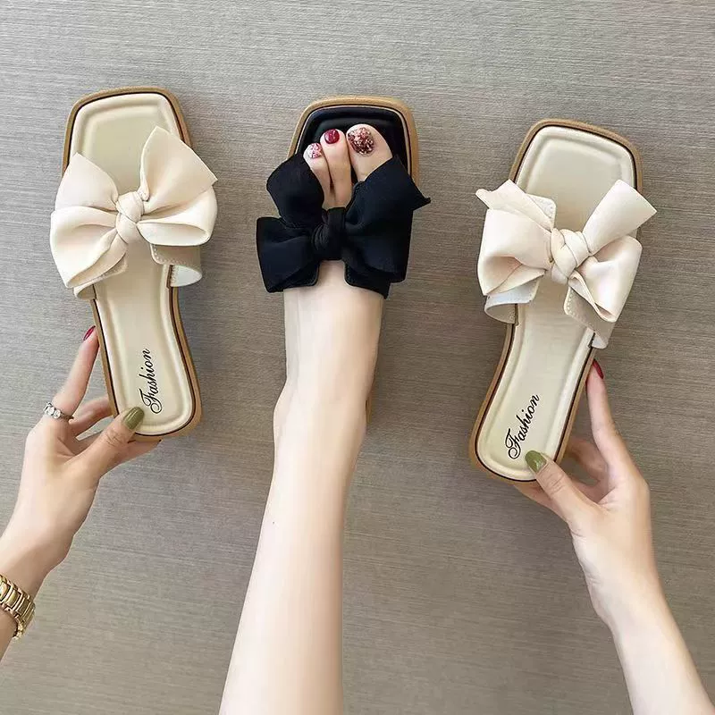 Носить плоские женские тапочки на улице Летняя мягкая подошва мода для дома прохладный нескользящий ветер бант фея красная сетка перетащить моду оптом