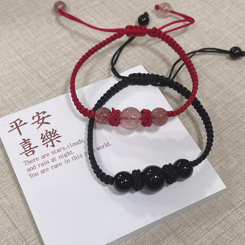 Natural Stone Red Rope Couple Autumn Bracelet Woven Drawstring Hand Rope Simple Fairy Niche Strawberry Crystal Obsidian Bracelet