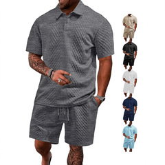 クロスボーダー紳士服夏欧米新型ジャカード布男性式レジャースポーツ薄手襟poloシャツ半袖スーツ