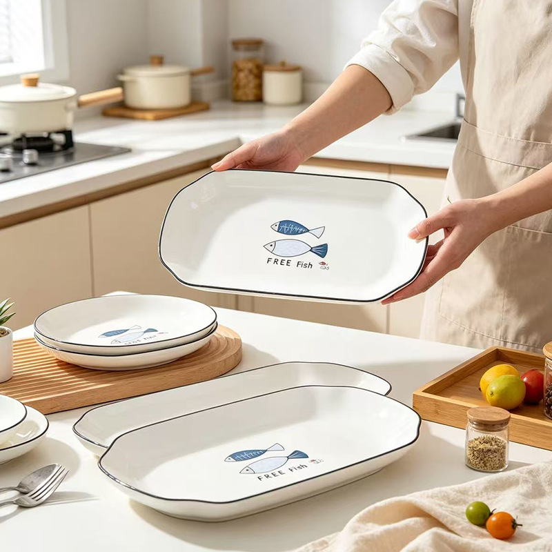 32-34 underglaze ceramic dinner plate for home and commercial use, rectangular plate with creative pattern, fish plate
