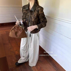 立领拼皮迷彩外套女欧货2025秋季新款复古宽松百搭短款棒球服上衣