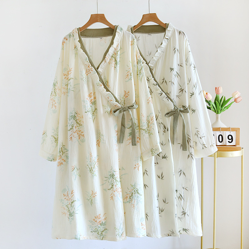 Spring and Autumn Cotton Gauze Bathrobe Women's Cotton Long-sleeved Japanese Kimono Nightgown Pajamas Summer Thin Bathrobe Sweatshirt