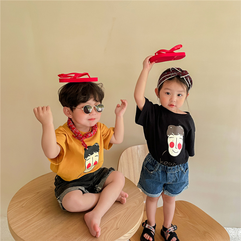 Jiaye Children's Products 2024 Children's Summer Head Print Short-Sleeved T-Shirts for Men and Women Baby Fashionable Half-Sleeved Cute Tops