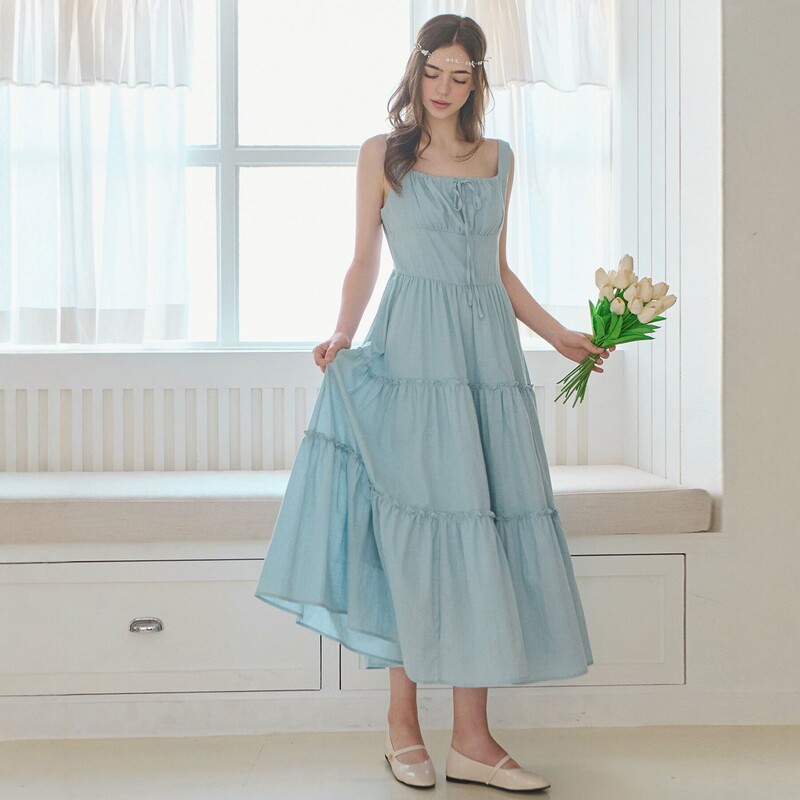 Slowlo*Li New French-Style Spaghetti Strap Dress for Women, Long Cotton Multi-Layer Cake Dress, Vacation Style Slimming Long Dress