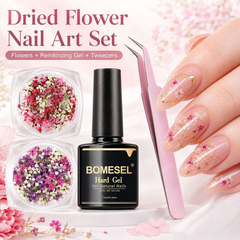 Dried Flower Nail Art Decorations + Reinforcement Glue Mixed Pink White Purple Floral Nail Art Decorations Cute and Fashionable
