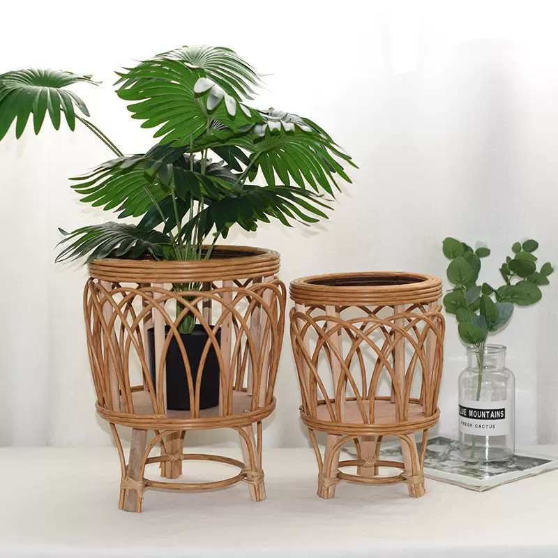 北欧风编织花盆仿藤花架三角客厅落地式花架阳台竹编花篮植物室内