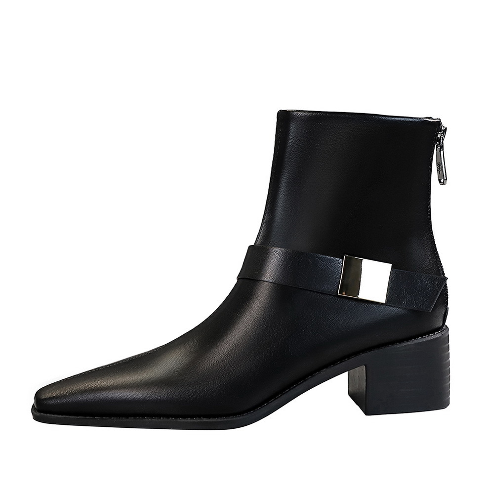 578-1 Retro style short leg knight boots, thick heel, middle heel, belt buckle, metal decoration, pointed season women's boots, short boots