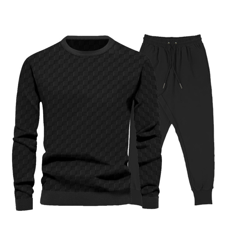 751g Weight Long Sleeve Sleeve Length Cotton Blend, Polyester Fabric Type Pants Sets Sets Type 2 Pieces Set Quantity Casual Occasion Round Neck Neckline Regular Fit Fit Type Plaid Pattern Winter, Autumn Season Men's Gender Streetwear Style Men's Autumn And Winter Jacquard Checkerboard Long-sleeved Trousers Sets  Men's Clothing 5