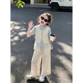 女童夏套装2026新款儿童夏装洋气上衣女孩夏季超好看阔腿裤三件套