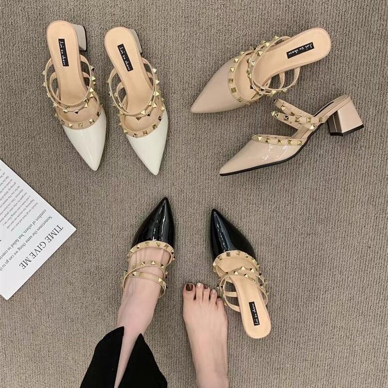 Trendy Chanel-Style Studded High-Heeled Mules for Women, Fashionable Pointed-Toe Slip-On Sandals with Chunky Heels for 2026 Trendy Chanel-Style Studded High-Heeled Mules for Women, Fashionable Pointed-Toe Slip-On Sandals with Chunky Heels for 2026