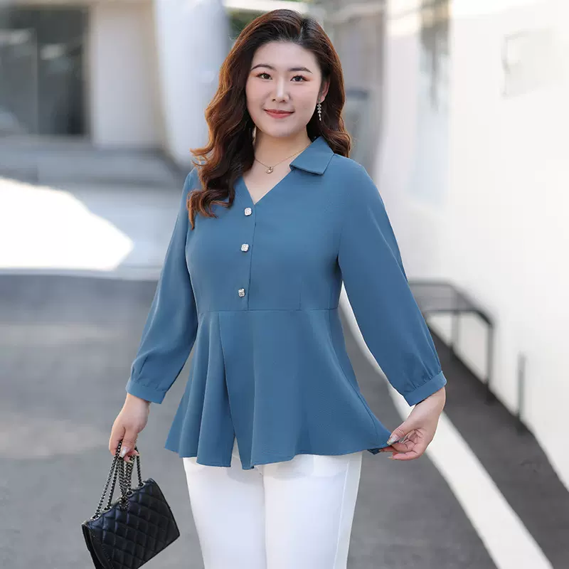 胖mm大码衬衫女2025夏季宽松遮肉显瘦透气质九分袖裙摆上衣黑蓝色