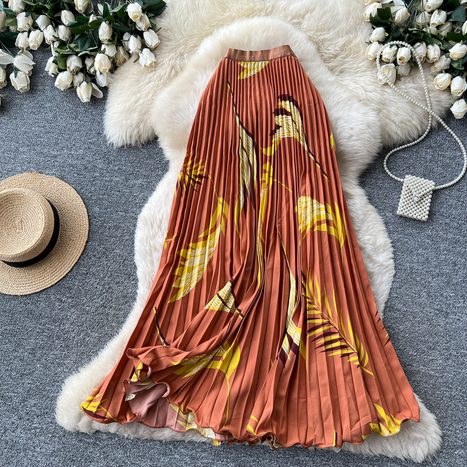 High Waisted Slimming Pleated Midi Skirt for Women French Style Printed A-Line Perfect for Summer Vacation And Work_ecoleips.com