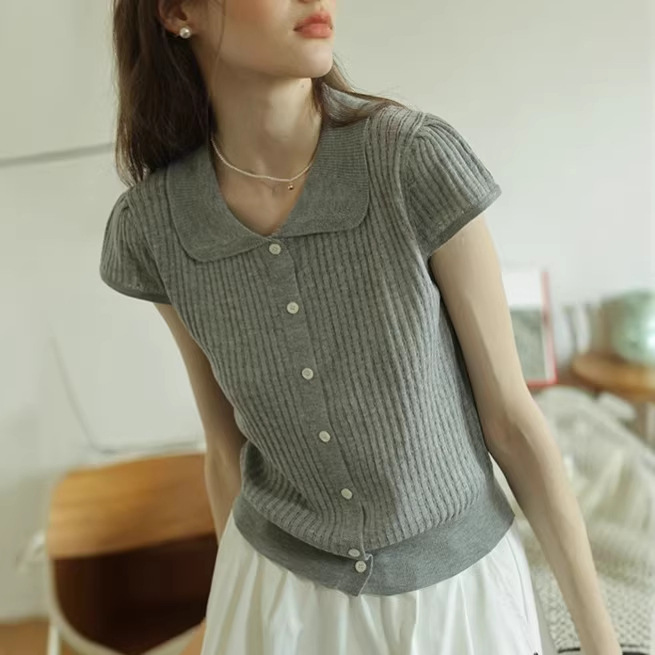 Short-Sleeve Knit Top with Small Flying Sleeves and Turn-Down Collar for Women, Summer New Style, Regular Shoulder Fit, Doll Collar, Petite Thin Cardigan