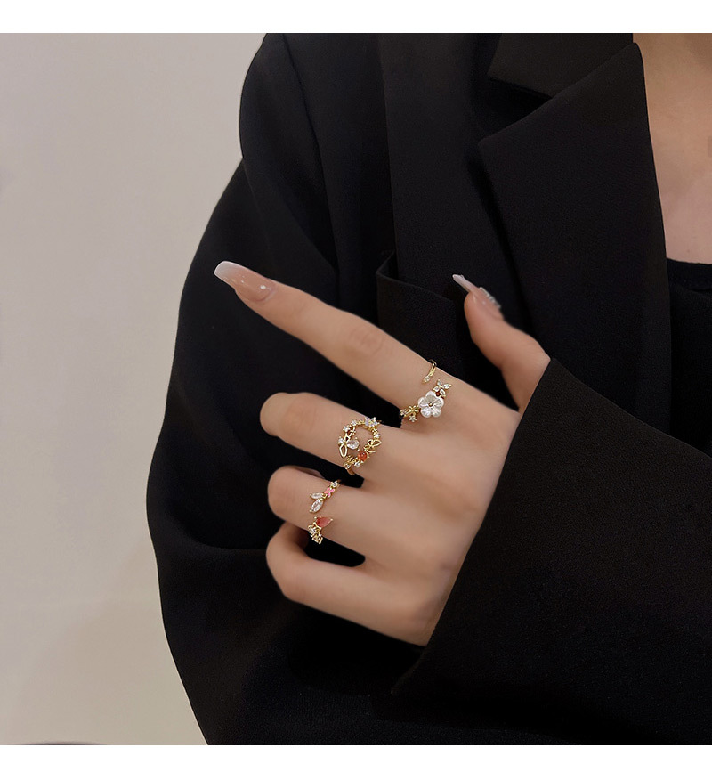 Sweet Heart Shape Flower Copper Plating Zircon Open Ring