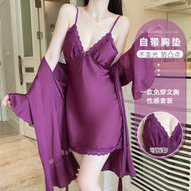 瑰若女士内衣性感加胸垫纯欲诱惑顺滑缎面睡裙外袍家居服套装4756