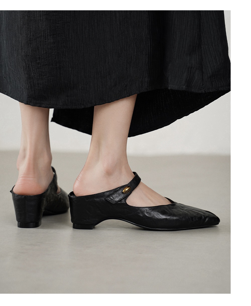 Sandal nữ mũi nhọn quai ngang gót vuông 7 cm da cừu — đen chi tiết 10