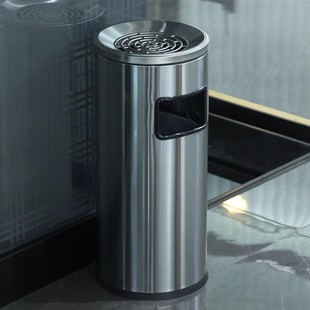 Vertical Stainless Steel Hotel Lobby Trash Can with Ashtray Bank Commercial Round Smoke Extinguishing Smoking Area Elevator Entrance