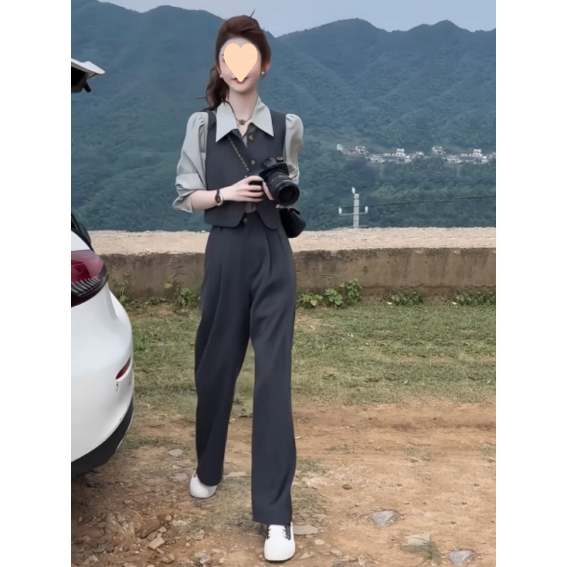 小个子减龄气质套装女2025春季新款长袖衬衫马甲长裤显瘦三件套|undefined