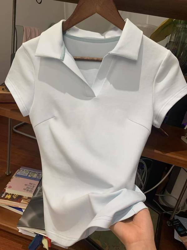 纯欲纯色正肩polo衫翻领短袖t恤女款夏季新款设计感掐腰显瘦上衣|undefined