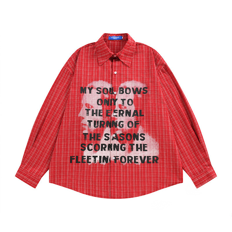 Dark-themed portrait print plaid long-sleeve shirt, loose and casual, suitable for spring and autumn, men's hip-hop style, trendy and unique, with a turn-down collar