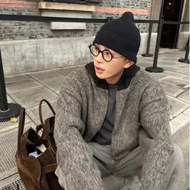 cleanfit灰色马海毛连帽毛衣开衫外套冬季高级撞色帽衫慵懒针织衫