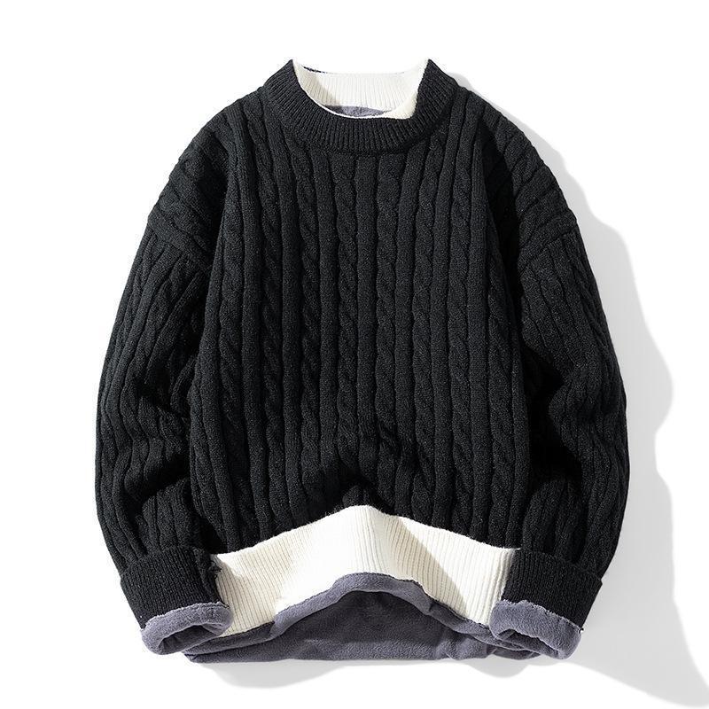 Al por mayor transfronterizo falso suéter de dos piezas para hombres más vello grueso calentamiento flor de lino grueso manga larga camiseta de punto ocio ancho