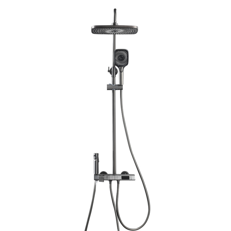 Plata brillante todo cobre temperatura constante ducha conjunto de botón de piano doméstico elevable boquilla de ducha presurizada