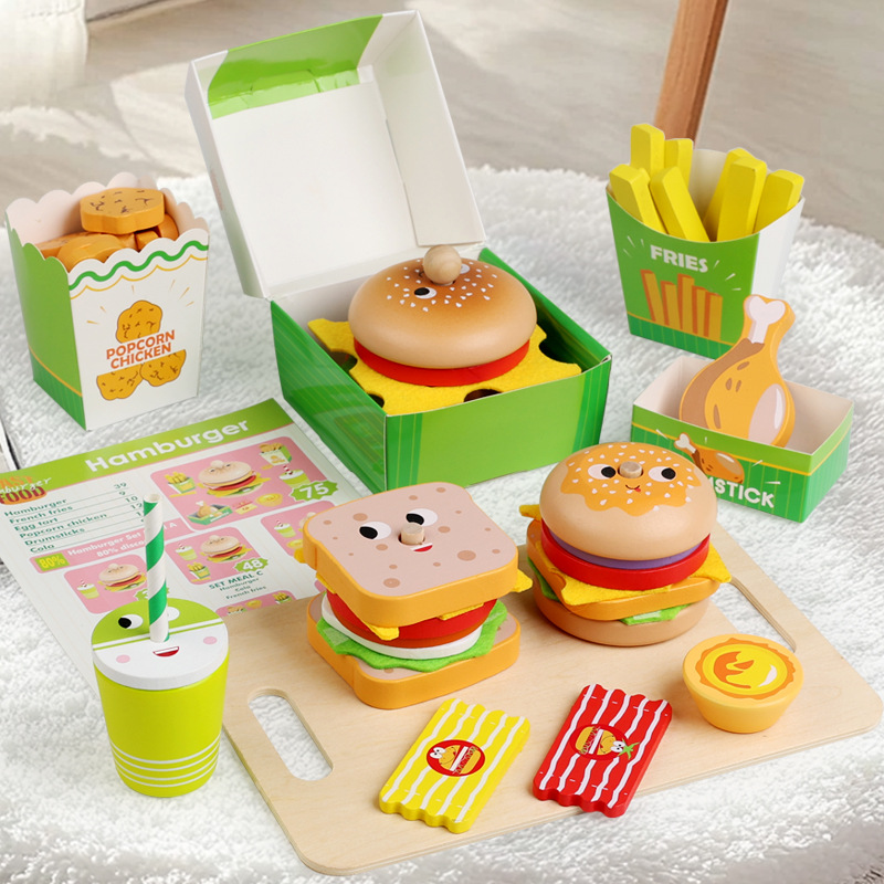 Juego de juguetes para niños transfronterizos Simulación de madera para jugar a la casa Burger Sándwich de papas fritas Toque de vajilla de cocina