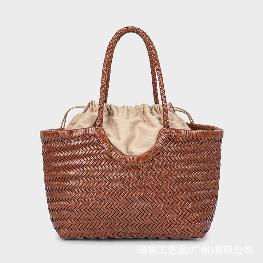 Dragon Style French Woven Market Basket Bag Women's Genuine Leather Shoulder Bag Retro Handmade Ins Style - Thumbnail 2