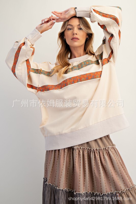 亚马逊25秋季新款跨境欧美女装印花拼接圆领套头卫衣休闲上衣女|undefined