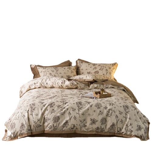 Chic Spring and Summer Retro Style 80-Count Long Staple Cotton Printed Quilt Set Four-Piece Set High-End 100% Cotton Flannel Bedding Set Four Seasons Version
