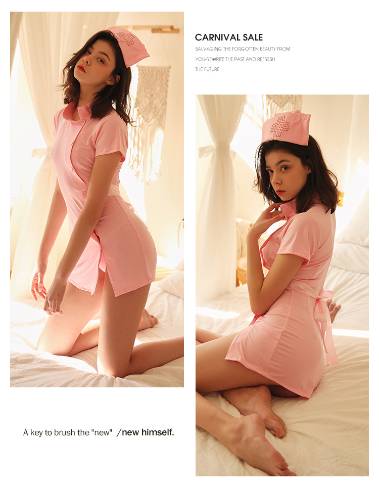 Nurse Roleplay Costume Set with Hat, Thong and Open-Crotch Stockings — detail image 12