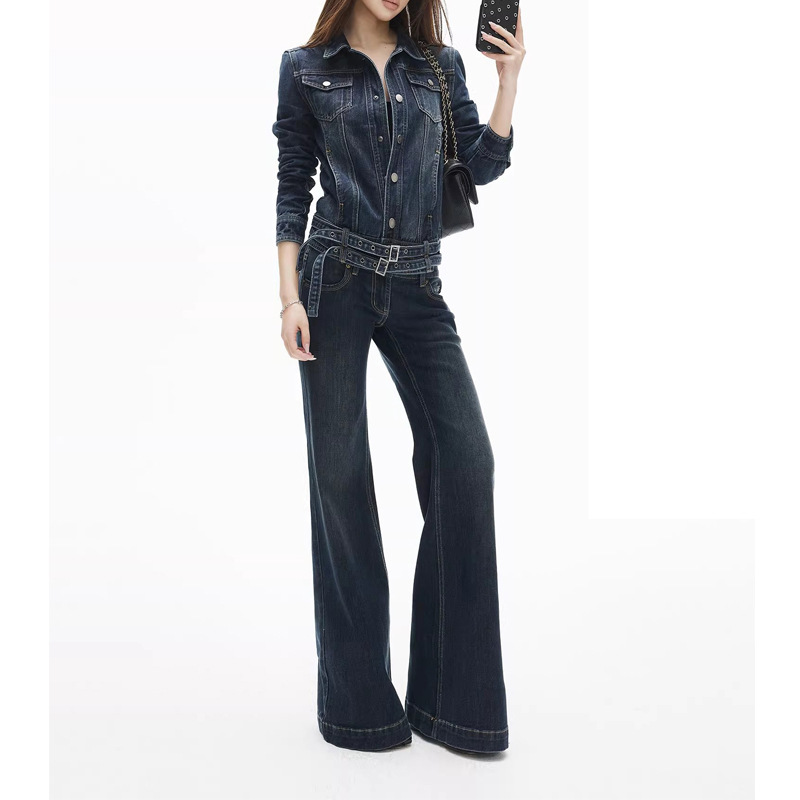 2026 Spring and Autumn Retro Blue Distressed Washed Double Belt Slim Fit Short Jacket Women's Low Waist Straight Leg Flared Jeans 2026 Spring and Autumn Retro Blue Distressed Washed Double Belt Slim Fit Short Jacket Women's Low Waist Straight Leg Flared Jeans