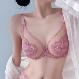 Pink Underwear Women's Thin Large Chest Small Chest suit Gathering Full Cup Breast Anti-sagging Ultra-thin Bra