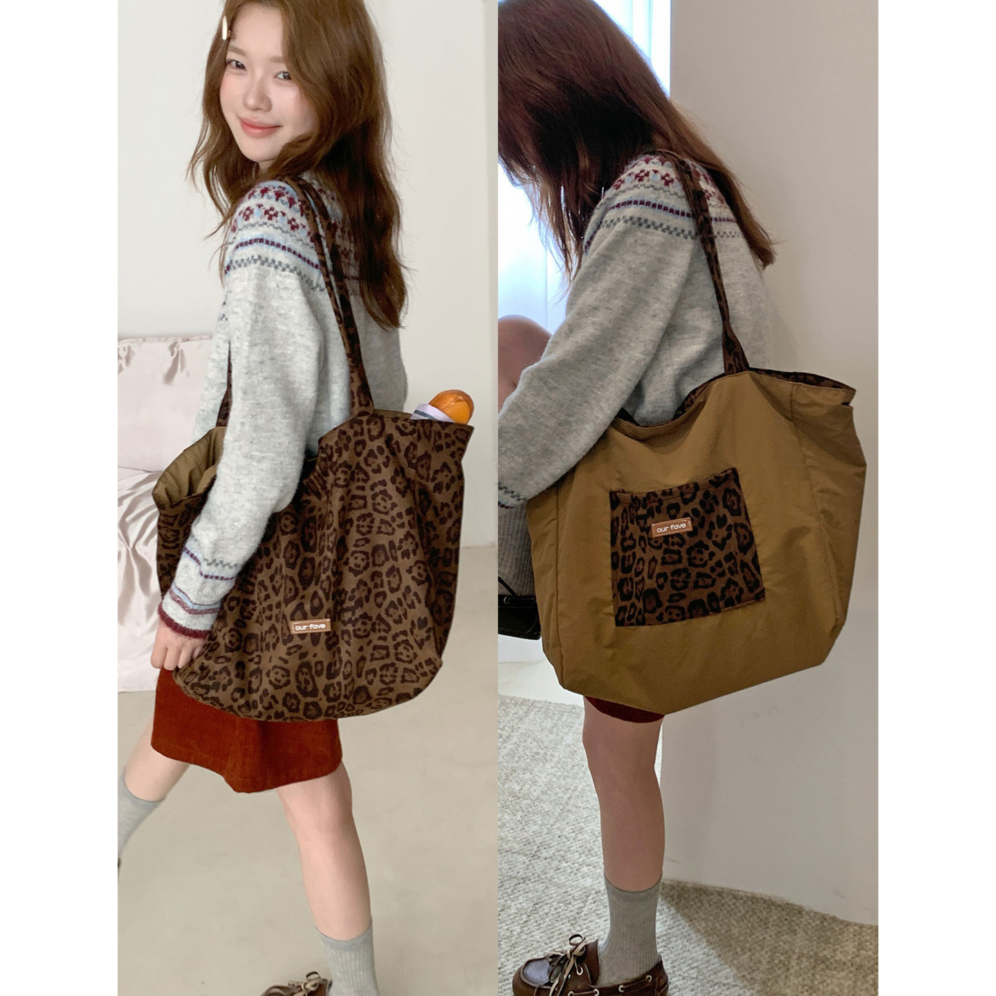 复古豹纹麂皮绒双面包小众高级感百搭托特包大容量通勤单肩包韩版