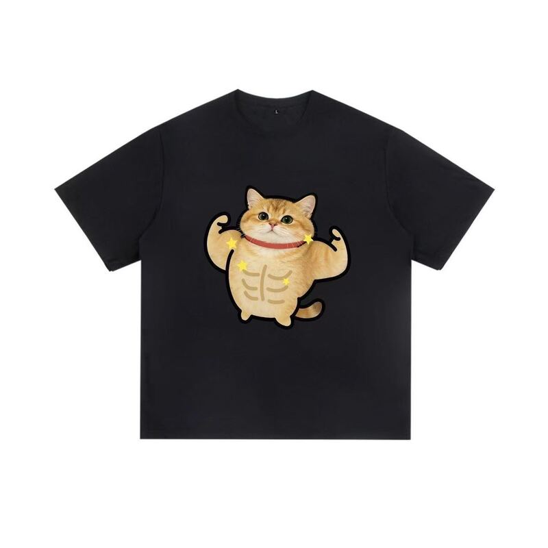 Pure cotton, fun and stylish short-sleeved T-shirt with a golden gradient design featuring a muscular cat, a popular unisex and couple-friendly loose-fitting casual style Pure cotton, fun and stylish short-sleeved T-shirt with a golden gradient design featuring a muscular cat, a popular unisex and couple-friendly loose-fitting casual style